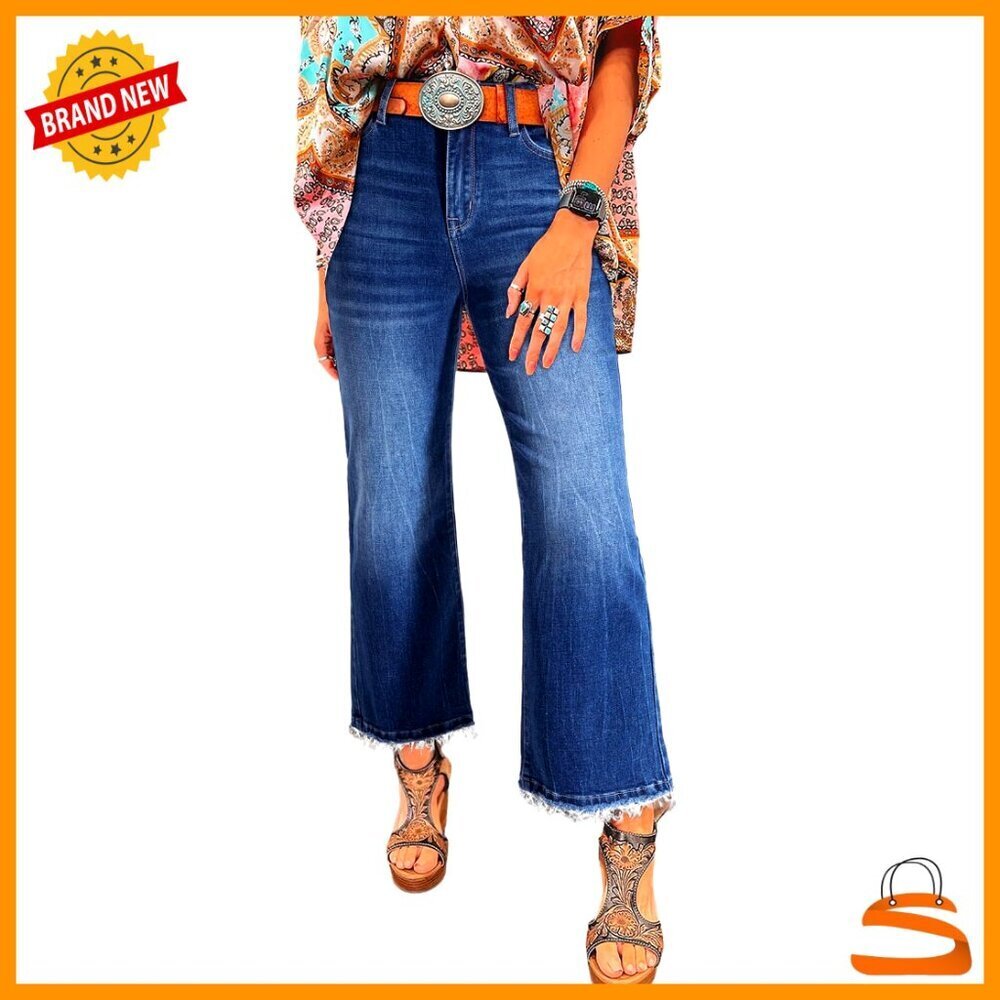 High Waisted Stretch Flare Jeans Raw Hem Denim Pants Women's